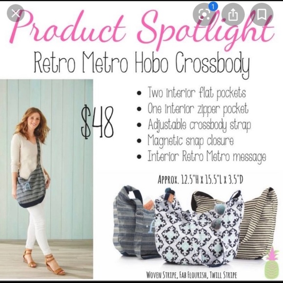 Thirty One Retro Metro Hobo Crossbody Purse in Navy Woven Stripe - Picture 2 of 4